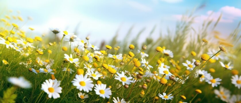 Beautiful spring landscape with meadow yellow flowers and daisies against the blue sky. Natural summer panorama © Eli Berr