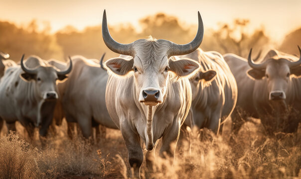 sunset photo of Murray Grey cattle in its natural habitat. Generative AI