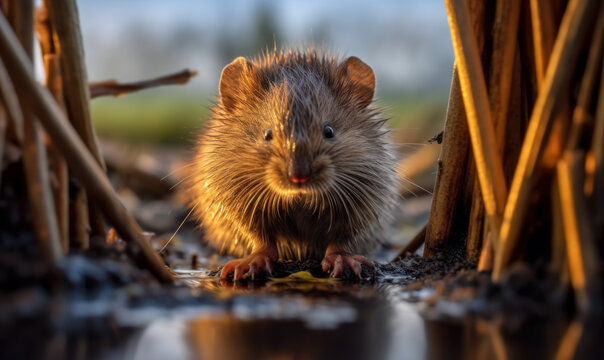 Photo of muskrat rodent captured as it emerges from its burrow, surveying its wetland home with a keen eye. image highlights every hair and whisker of the rodent's sleek, waterproof fur. Generative AI