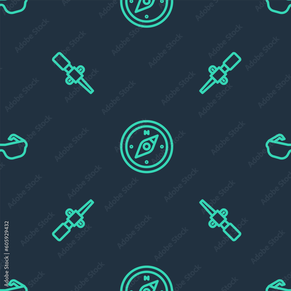 Poster set line compass, torch flame and glasses on seamless pattern. vector