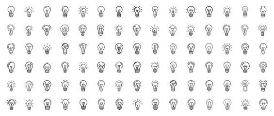 Bulb thin line icons. Pack of light bulb icons on the white background. Trendy stroke signs for website, apps and UI. 