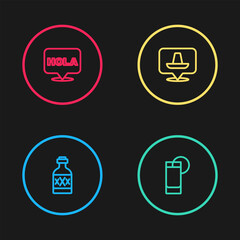 Set line Tequila bottle, glass with lemon, Mexican sombrero and Hola icon. Vector © vector_v