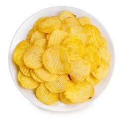 Top View Snack Potato chips,Potato chips on white plate isolated on white background, Fried Potato chips on white With clipping path.