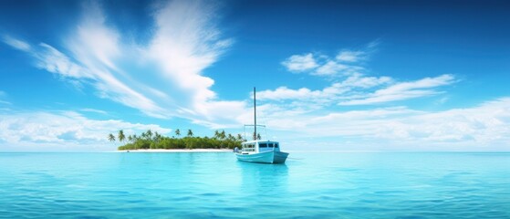 Obraz premium Boat in turquoise ocean water against blue sky with white clouds and tropical island. Natural landscape for summer vacation, panoramic view.
