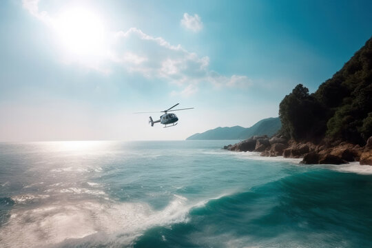 helicopter is flying over the beautiful sea or ocean during sunset. Rescue helicopter in search of people. Islands of tropical climate. beautiful view of the sea and clouds