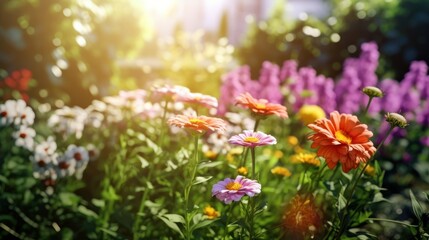 Obraz premium Colorful beautiful flowers Zinnia spring summer in Sunny garden in sunlight on nature outdoors