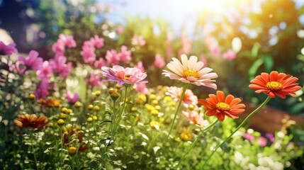 Fototapeta premium Colorful beautiful flowers Zinnia spring summer in Sunny garden in sunlight on nature outdoors