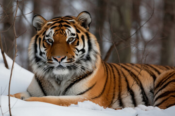 Beautiful Amur tiger on snow. Tiger in winter forest. Critical endangered animals. Amur Siberian tiger is population in the Far East, particularly the Russian Far East and Northeast China