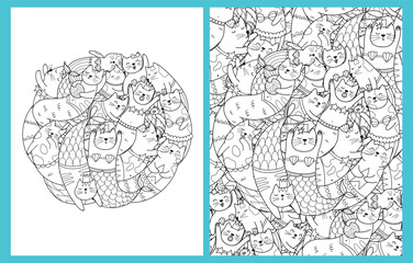 Coloring pages set with cute mermaid cats. Doodle feline animals templates for coloring book in US Letter format. Collection with black and white colouring pages. Vector illustration