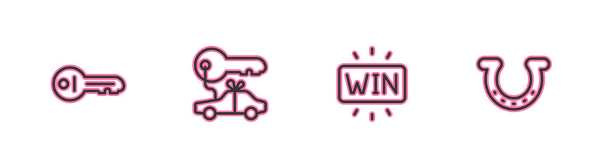Set line Old key, Casino win, Car gift and Horseshoe icon. Vector