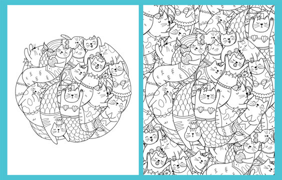 Coloring Pages Set With Cute Mermaid Cats. Doodle Feline Animals Templates For Coloring Book In US Letter Format. Collection With Black And White Colouring Pages. Vector Illustration