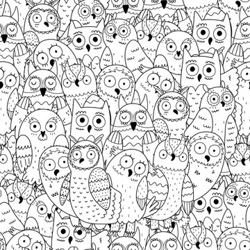 Cute doodle owls black and white seamless pattern. Funny bird characters background for coloring page. Vector illustration