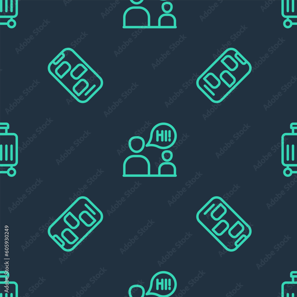 Poster set line two sitting men talking, new chat messages notification and suitcase on seamless pattern. v