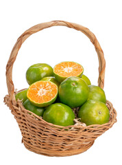 Green Oranges in bamboo basket on white background, Tangerines Oranges on white PNG File.