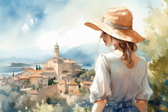 Illustration  in a watercolor style. Beautiful girl in white dress  looking down at beautiful sea town from viewing platform.Travel and relax. Generative AI.