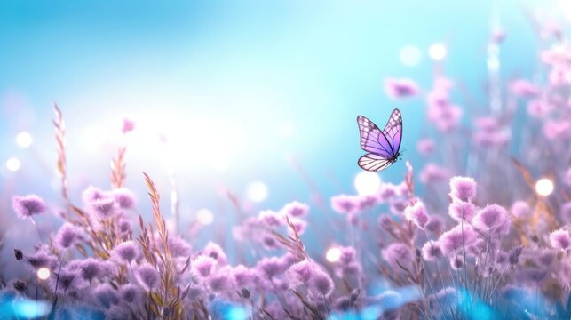 Floral spring natural blue background with fluffy airy lilac flowers on meadow and fluttering butterflies on blue sky background. Dreamy gentle air artistic image. Soft focus