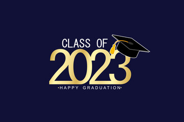 Class of 2023 with Graduation Cap. Golden design isolated on dark blue background
