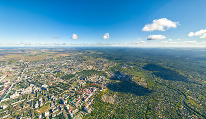 Tambov, Russia. Panorama of the city from the air in summer. Clear weather with clouds. Aerial view