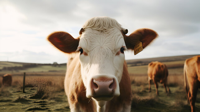 Сlose up of a cow in the evening sunlight. Generative AI.