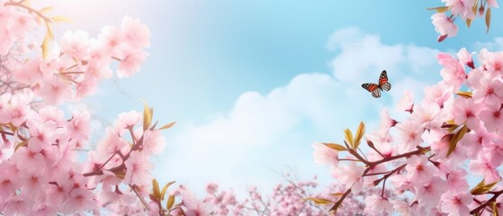 Obraz na płótnie Canvas Spring banner, branches of blossoming cherry against background of blue sky and butterflies on nature outdoors. Pink sakura flowers, dreamy romantic image spring, landscape panorama, copy space