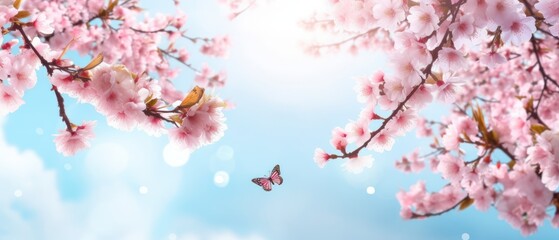 Spring banner, branches of blossoming cherry against background of blue sky and butterflies on nature outdoors. Pink sakura flowers, dreamy romantic image spring, landscape panorama, copy space