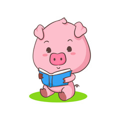 Cute pig cartoon character reading a book. Adorable animal concept design. Isolated white background. Vector art illustration.