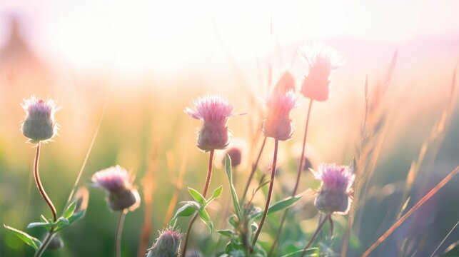 Soft blurred natural picture with wild grass in morning dew on spring summer meadow in light pastel colors, macro