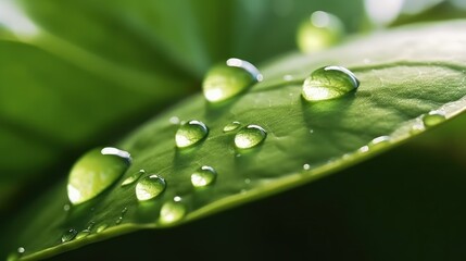 Large beautiful drops of transparent rain water on a green leaf macro. Drops of dew in the morning glow in the sun. Beautiful leaf texture in nature. Natural background