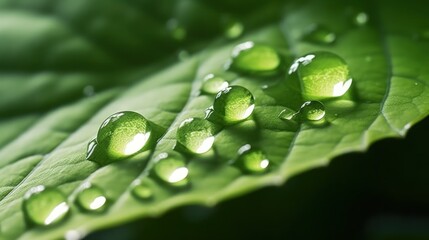 Large beautiful drops of transparent rain water on a green leaf macro. Drops of dew in the morning glow in the sun. Beautiful leaf texture in nature. Natural background