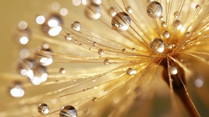 Water drops on dandelion seed macro in nature in yellow and gold tones
