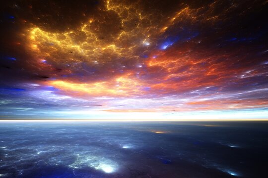 Fractal horizon – surreal fiery sunset over an alien ocean