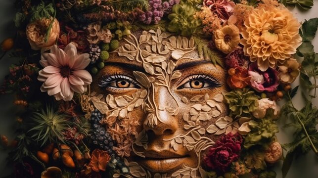 Abstract 3D figurative painting for a woman face  with flowers in hair