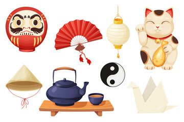 Japan set with traditional elements fun, maneki neko cat, origami crane, teapot with tea cups, daruma doll and lantern in cartoon style isolated on white background.