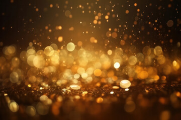 Golden glitter particles on a dark backdrop with bokeh lights and shiny particles. Festive decoration for luxury party and celebration. AI Generative.