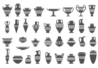 Greek vases silhouettes. Ancient amphoras and pots with meander pattern. Glyph illustration. Clay ceramic earthenware. Vector.