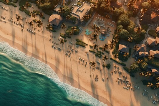 From above, a breathtaking aerial view revealed a pristine luxury beach resort. Sparkling turquoise waters embraced powdery white sands, surrounded by palm trees and villas. Generative AI
