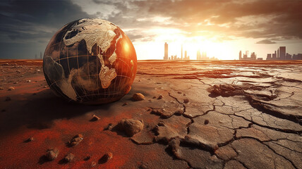 illustrazione di concetto di riscaldamento globale, terra distrutta e terreni aridi, creata con intelligenza artificiale,