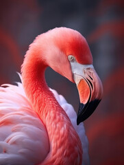 Fototapeta premium Pink flamingo close up portrait against blur background