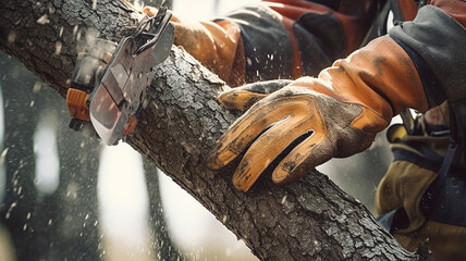 illustrazione di primo piano di  mani di falegname o giardiniere che taglia un albero con strumenti adatti, macete, sega, motosega, creata con ai - obrazy, fototapety, plakaty