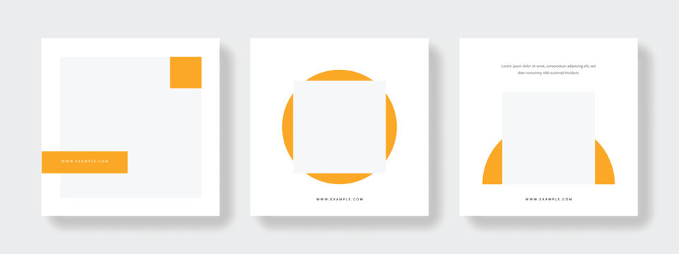 Minimal social media layouts for marketing business, simple editable square templates with clean design, corporate web banners with place for photo and negative space, orange color