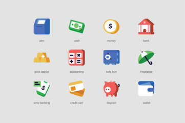Banking of web icons set in flat design. Pack of atm, cash, money, bank, gold capital, accounting, safe box, insurance, sms, credit card, deposit and other. Vector pictograms for mobile app interface