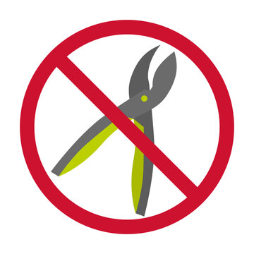 recommend clip art: Prohibition on the use of pruner. Flat illustration with red round prohibition sign. You don't need garden pruner. Tree and bushes conservation environmental protection. Isolated on white background.
