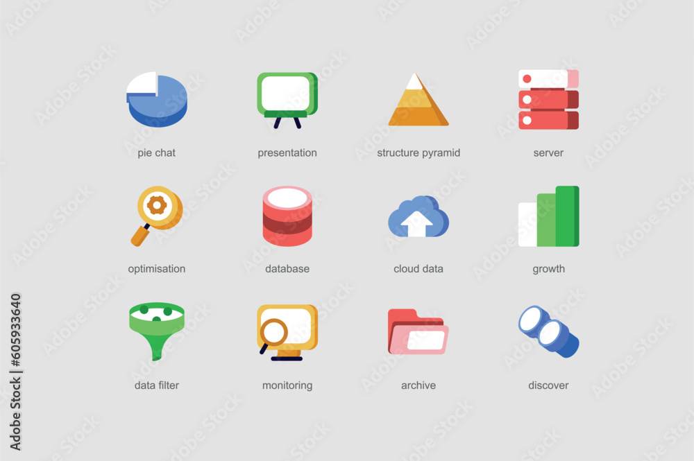 Poster data analysis of web icons set in flat design. pack of pie chart, presentation, structure pyramid, s