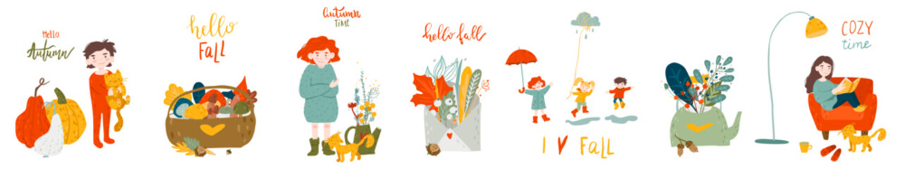 Autumn set of hand drawn vector compositions with lettering.  Autumn phrases with cute and cozy design elements . Fall lettering collection.