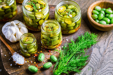 Homemade food: Pickled cucamelons (pickled cucumbers, pickled gherkins), grown in a organic kitchen