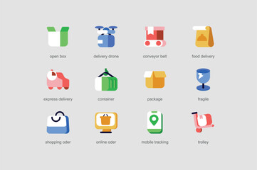 Delivery of web icons set in flat design. Pack of open box, drone, conveyor belt, container, package, fragile, shipping order, online tracking and other. Vector pictograms for mobile app interface