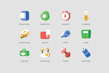 Fitness of web icons set in flat design. Pack of tracker, healthy food, stopwatch, dumbbell, centimeter tape, yoga mat, whistle, scales, sport bag and other. Vector pictograms for mobile app interface