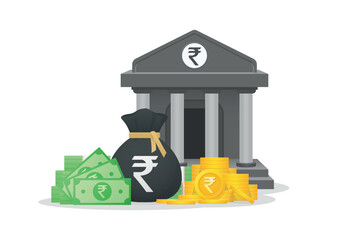Bank building 3d icon. Gold coins, paper currency and bundles of money bag with Indian Rupee currency sign. Money Savings, Bank deposit, Financial investment concept illustration.