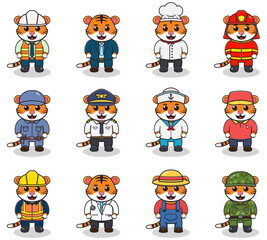 Vector set of cute Tiger with different professions. Cartoon cute Tiger dressed in different occupation uniform. Vector characters with jobs different occupation.