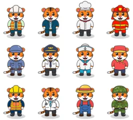 Zelfklevend Fotobehang Robot Vector set of cute Tiger with different professions. Cartoon cute Tiger dressed in different occupation uniform. Vector characters with jobs different occupation.